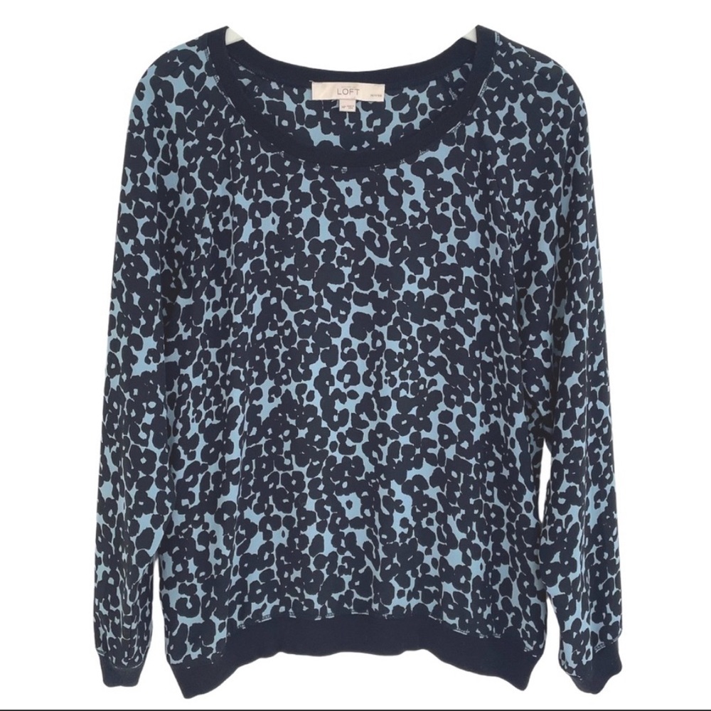 LOFT Leopard blouse blue with black trim lightweight long sleeve sheer blouse